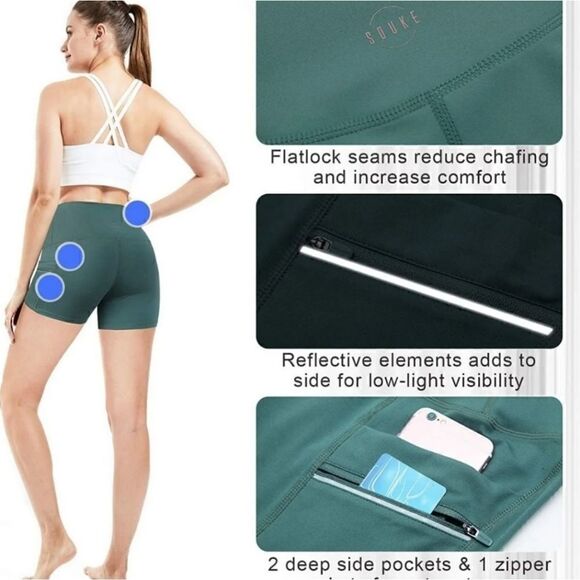 Women's SOUKE SPORTS High Waist Yoga Shorts Deep Green Large - Picture 6 of 7